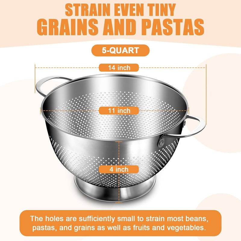 EWFEN Stainless Steel Colander for Kitchen | 5 Quart Durable Rice and Pasta Strainer with Handle | Oversized Handles | Nesting Design | Rust-Resistant & Dishwasher Safe - Image 2